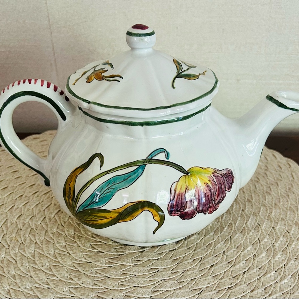 Floral Ceramic Teapot with Green and Purple Accents